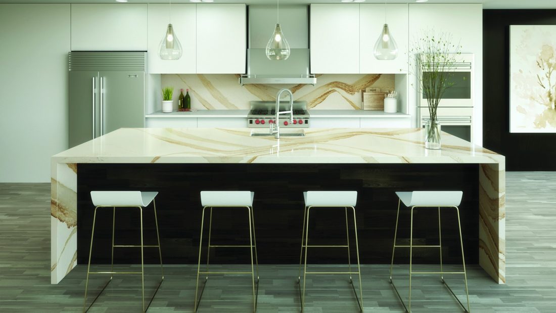 Cambria Brittanicca Gold Warm In a room setting