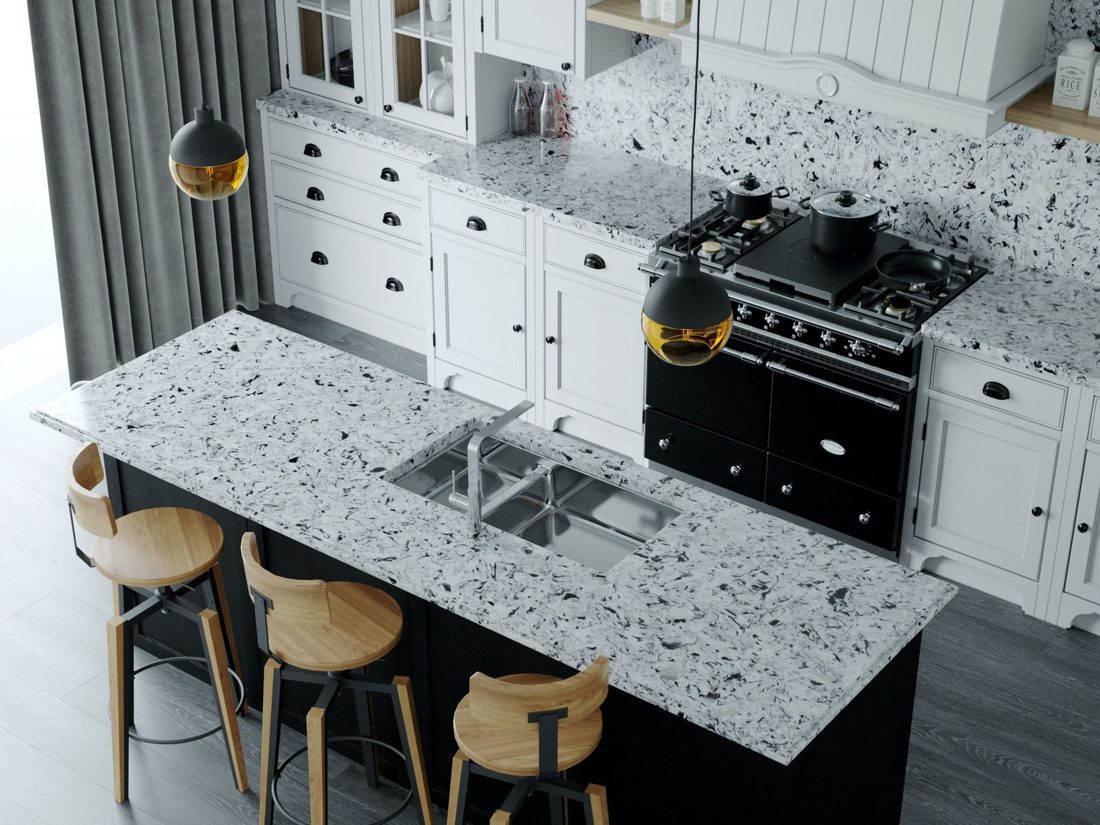 Pompeii Quartz Alaska Black In a room setting