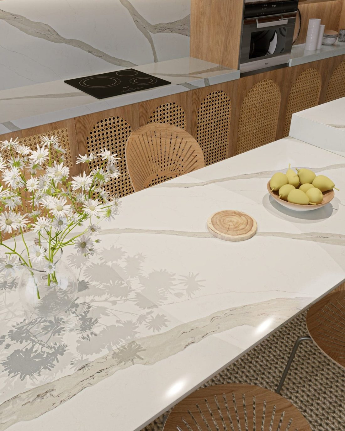 Pompeii Quartz Arabescato In a room setting