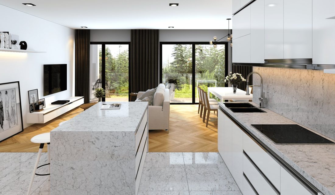 Pompeii Quartz Argento In a room setting