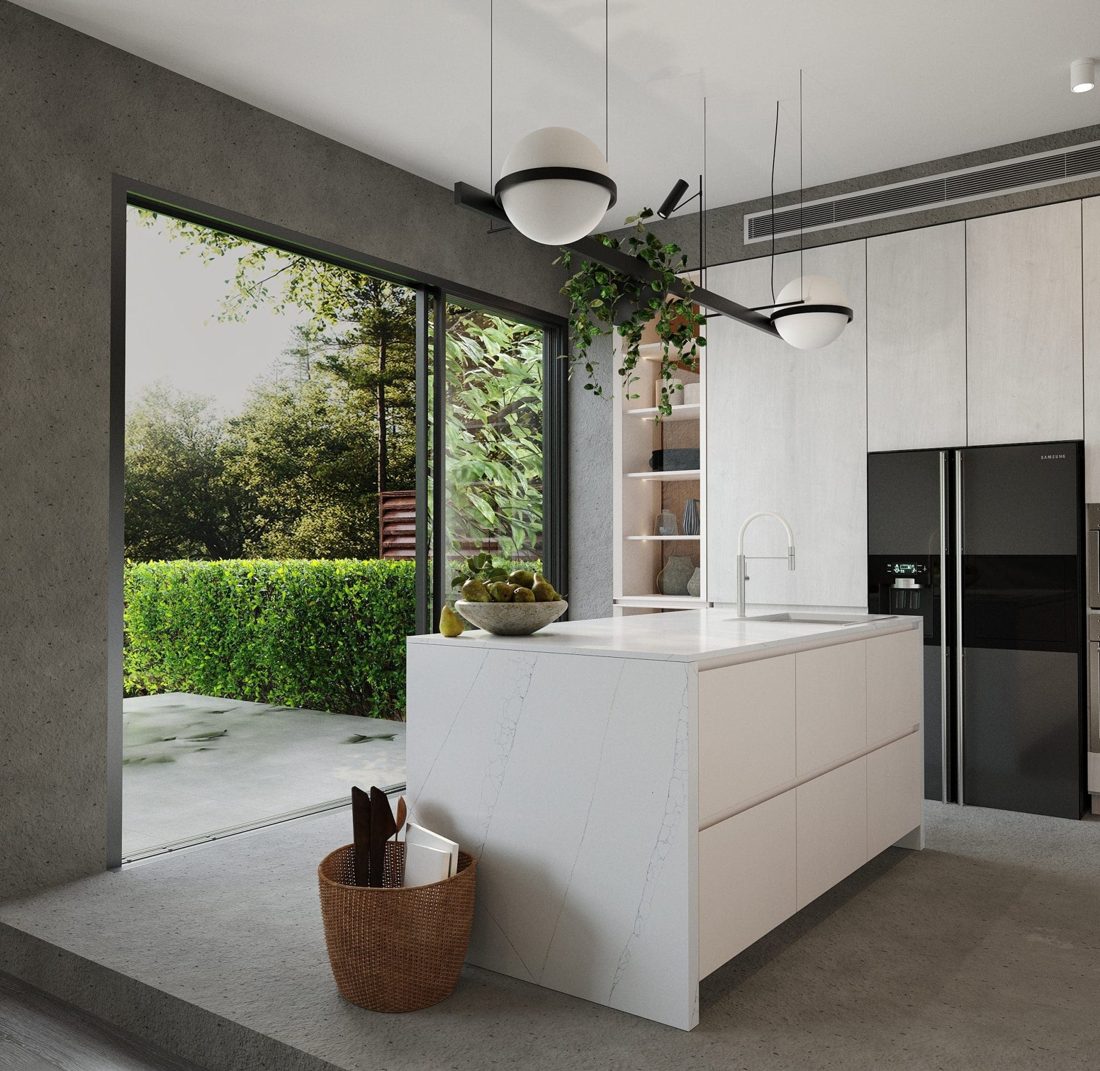 Pompeii Quartz Blanc Noir In a room setting