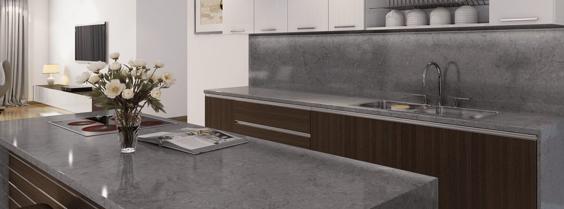 Pompeii Quartz Blue Savoy In a room setting