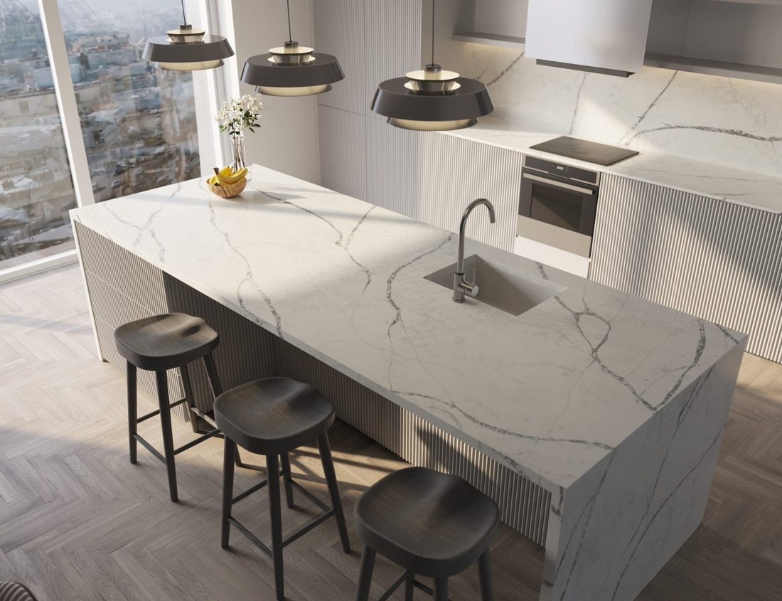 Pompeii Quartz Javablue In a room setting