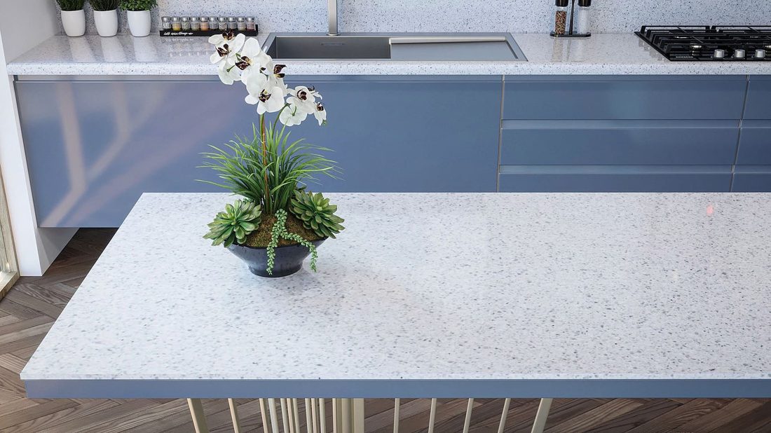 Pompeii Quartz Silver Lake In a room setting