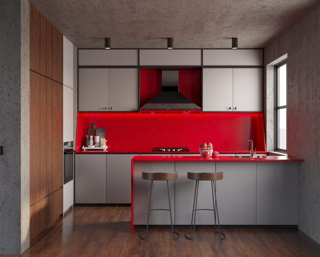 Pompeii Quartz Sparkle Red In a room setting