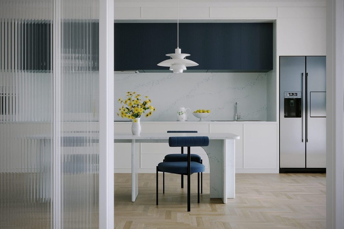 Pompeii Quartz Statuario Azzurro In a room setting